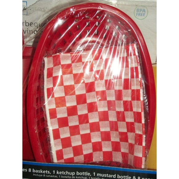 Barbeque Serving Set 8 Red Baskets Ketchup Mustard Bottle Paper Liners BBQ Fish - Picture 2 of 4